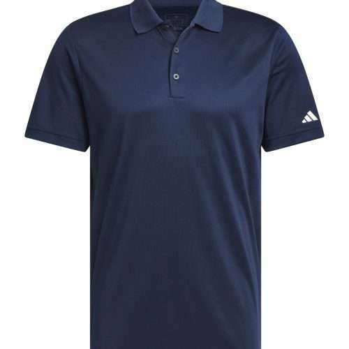 Navy Adidas polo shirt with subtle logo on sleeve, available from Tara Slevin for stylish and professional branded workwear.