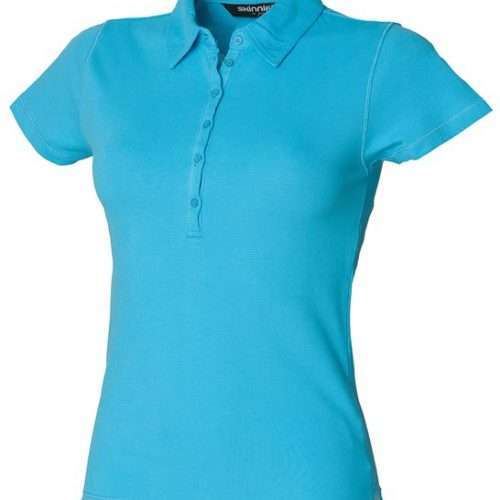 Ladies turquoise polo shirt with short sleeves and fitted design, suitable for embroidered logos and branded workwear.