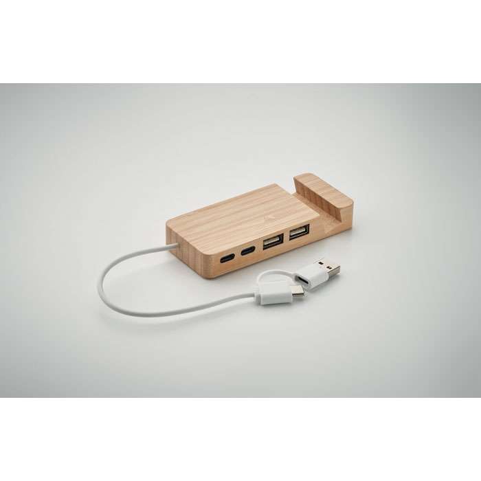 Bamboo USB-C/A hub with phone stand