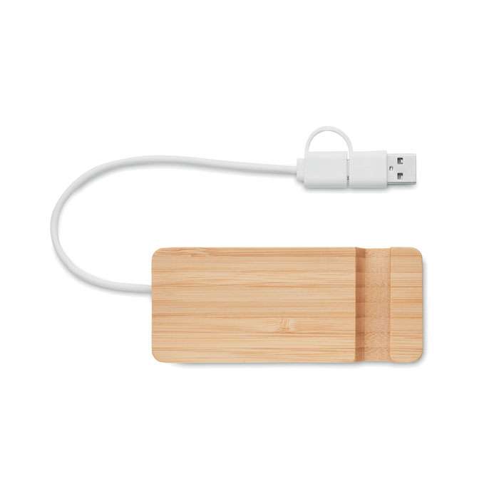 Bamboo USB-C/A hub with phone stand