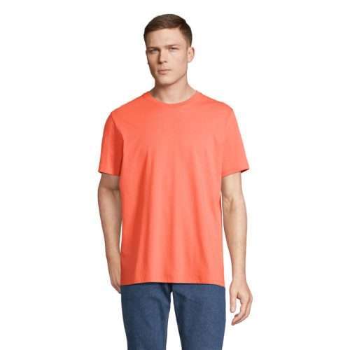 Men's coral crew neck T-shirt with short sleeves, ideal for custom printing, promotional events, and branded uniforms.