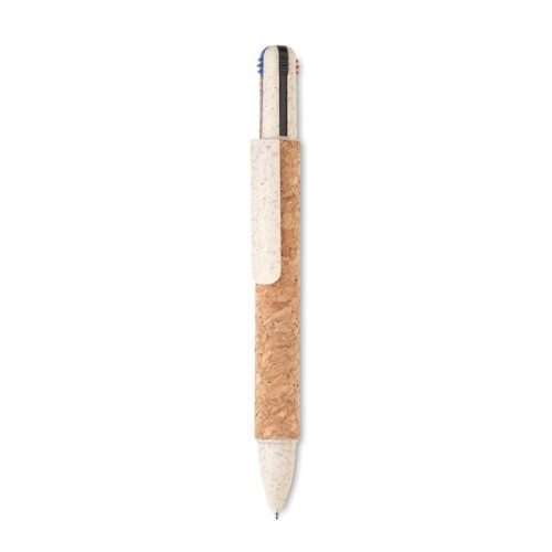 Push button 4-colour ink ball pen with cork barrel