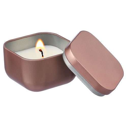 Rose gold tin candle with lid, ideal for gifting or branding, available from Tara Slevin as a stylish promo product option.
