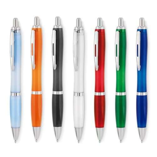 Retractable promotional pens with metallic accents in assorted colors, ideal for custom logos, corporate gifts and campaigns.