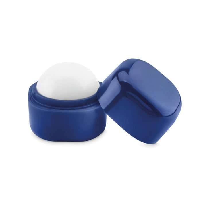 Promotional ball shaped lip balm in blue ABS box