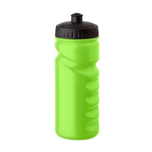Branded sports drinking bottle with handgrip and leak free lid